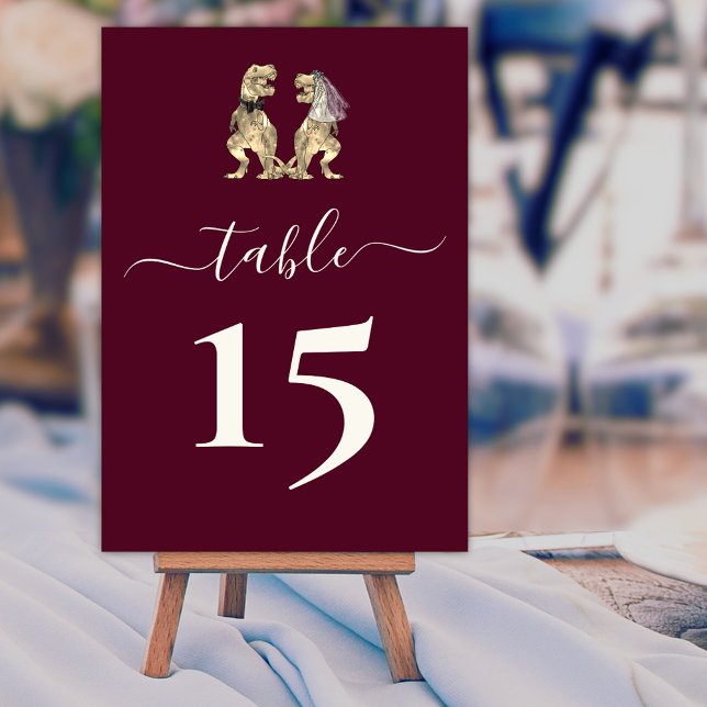 Numeração De Mesa Dinossauro Noiva e Casamento de Groom Burgundy & C (Dinosaur wedding burgundy & cream custom table number card elegant modern script T-Rex bride & groom)