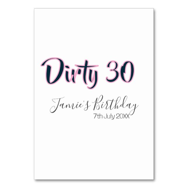 Numeração De Mesa Dirty 30 happy birthday name date pink gray callig (Frente)