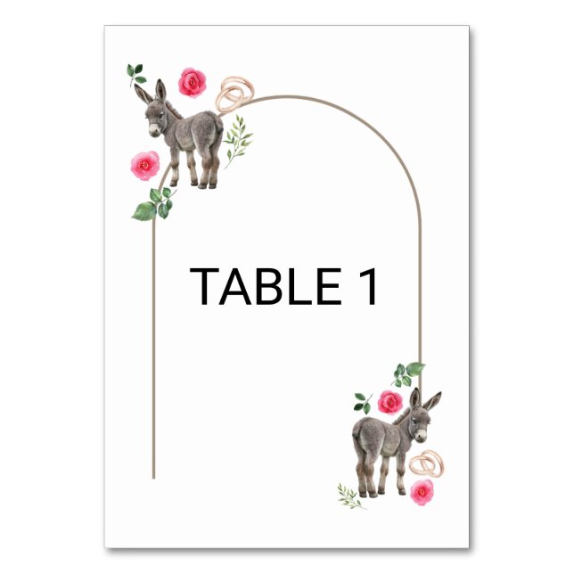 Numeração De Mesa Donkey Pink Floral Wedding Table Number Card (Frente)