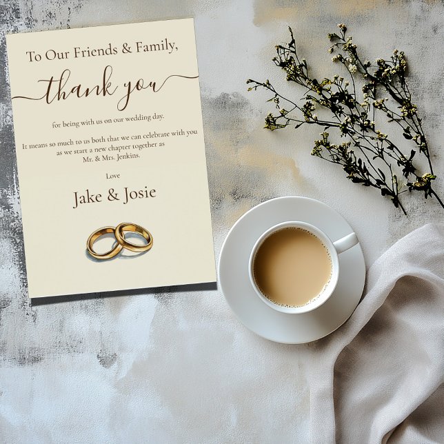 Numeração De Mesa Dourada aliança de casamento obrigado Mesa (To our friends & family thank you, wedding card with an illustration of 2 gold wedding rings.)