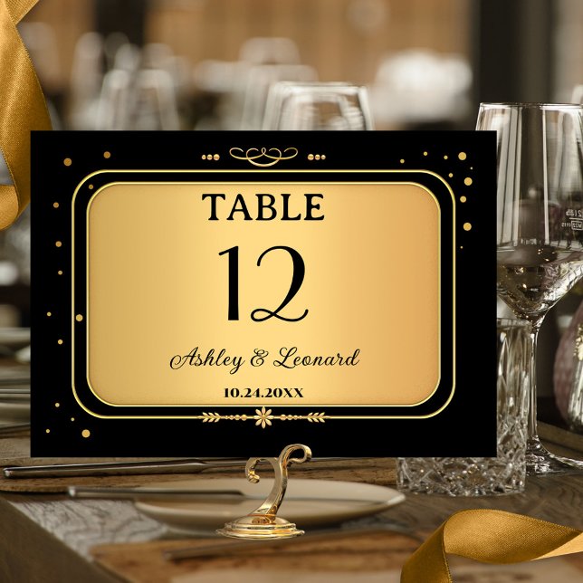 Numeração De Mesa Dourado Casamento Festivo Negro de Confetti (Elegant wedding table number card in gold and black with festive confetti sparkles.)