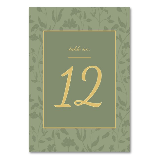 Numeração De Mesa Dourado Floral e Casamento Verde Sage (Frente)