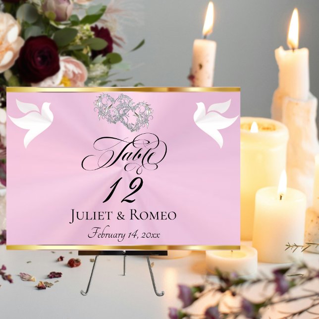 Numeração De Mesa Doves & Hearts - Pastel Pink/Silver (Criador carregado)