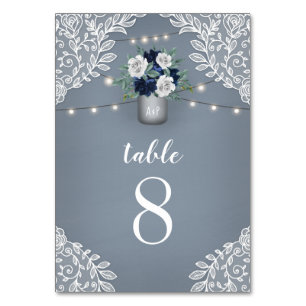 Numeração De Mesa Dusty Blue Country White Lace Mason Jar Weding