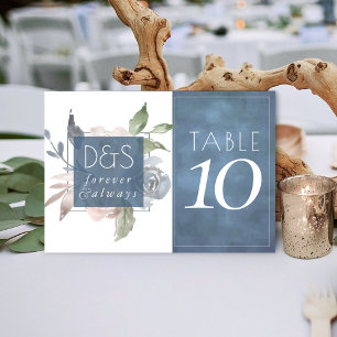 Numeração De Mesa Dusty Floral Monograma Recepção Azul-Enfumaça