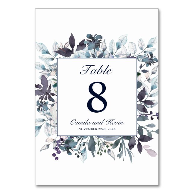 Numeração De Mesa Dusty Marinho Azul Aquarela Casamento Floral (Frente)