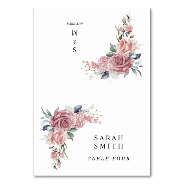 Numeração De Mesa Dusty Pink Floral Wedding Place Cards (Frente)