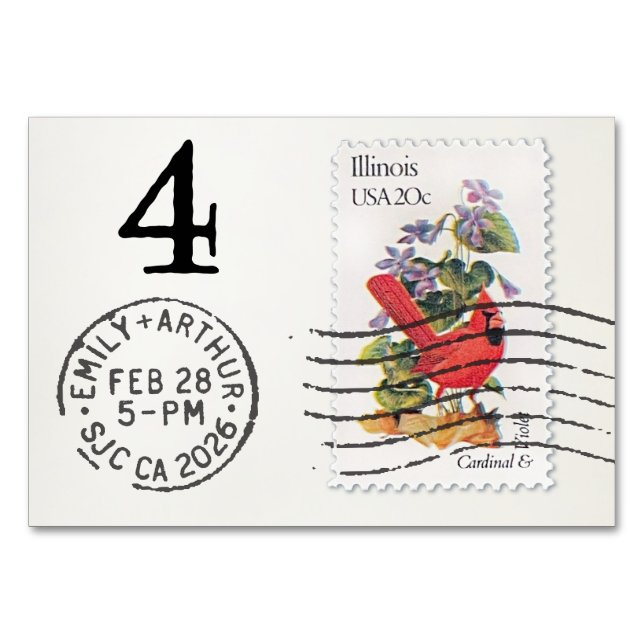 Numeração De Mesa E&A Wedding Reception Table Card 4 Il Cardinal (Verso)