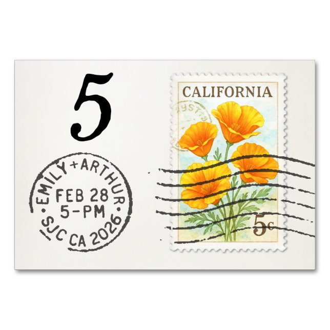 Numeração De Mesa E&A Wedding Reception Table Card 5 CA Poppies (Frente)