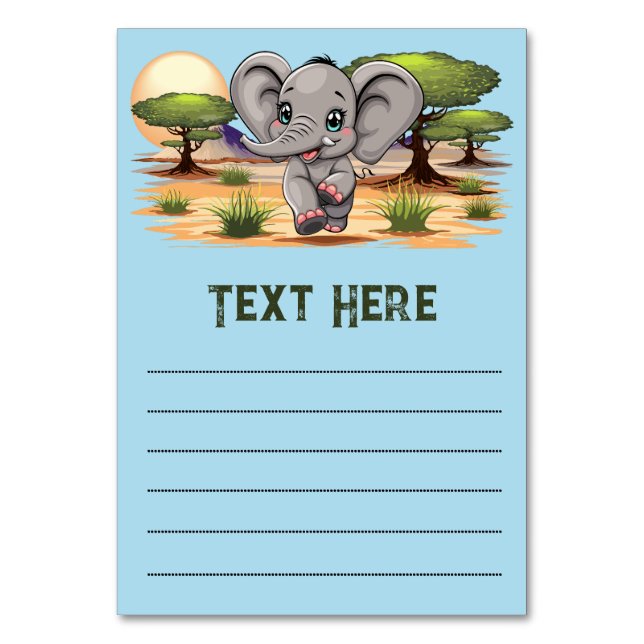 Numeração De Mesa Elefante Bebê Pulando Feliz em Savana Africana (Frente)