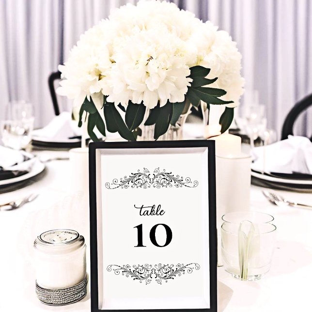 Numeração De Mesa Elegância florescente Negra e Branca (Black and White Flourish Elegance table number card for number your wedding guest tables.)