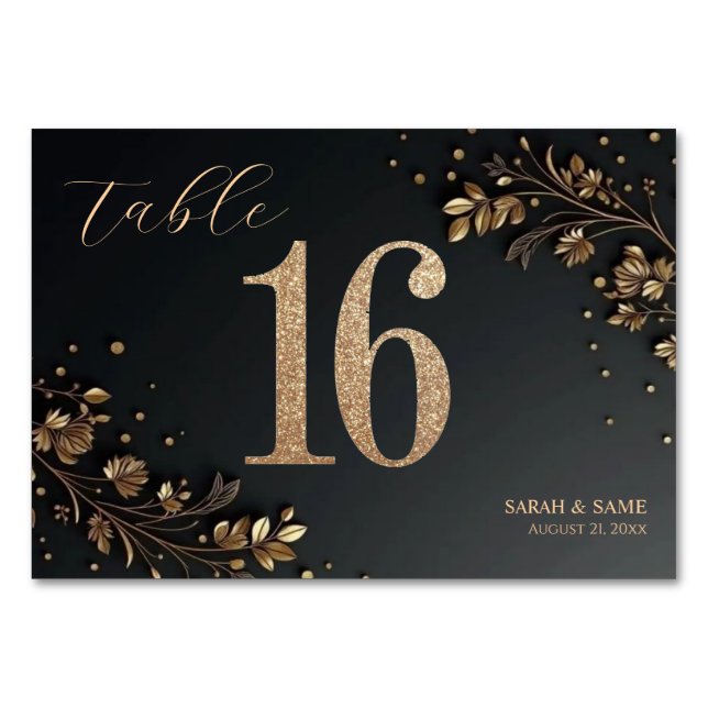 Numeração De Mesa Elegant Black Gold Floral Wedding Table Card (Frente)