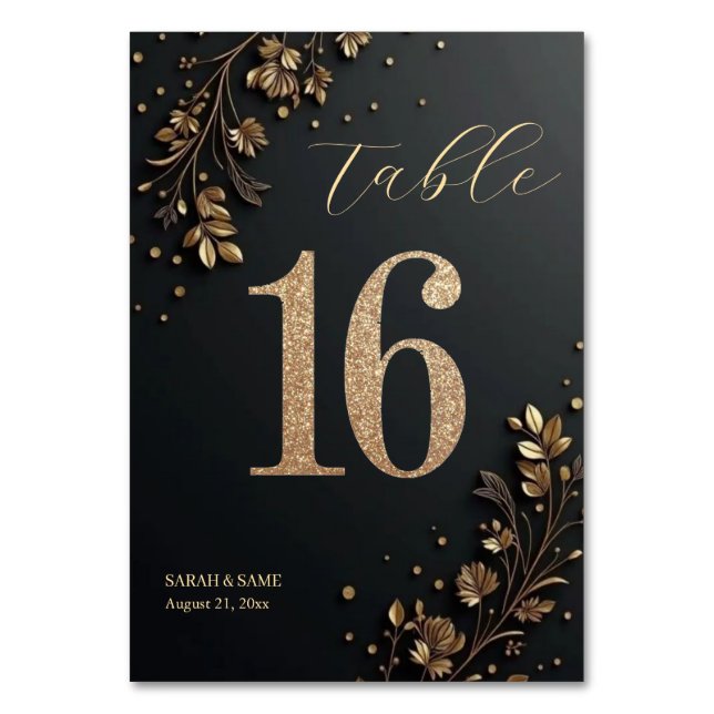 Numeração De Mesa Elegant Black Gold Floral Wedding Table Card (Frente)