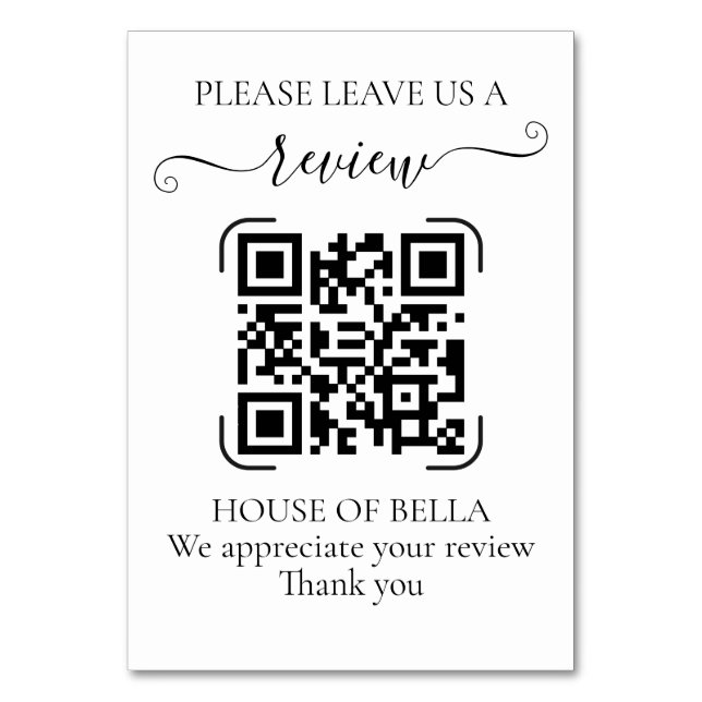 Numeração De Mesa Elegant Black Script QR Code Business Review (Frente)