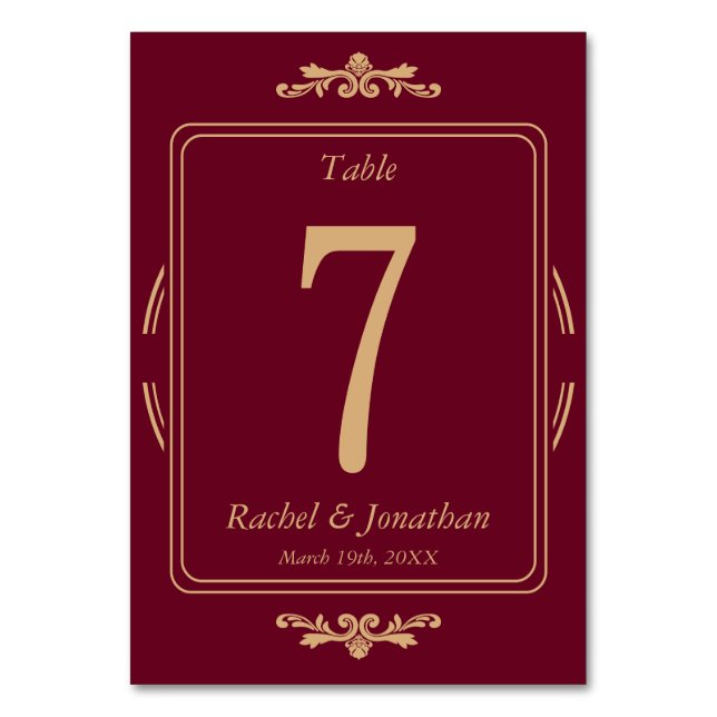 Numeração De Mesa Elegant Burgundy & Gold Wedding Table Number Card (Frente)