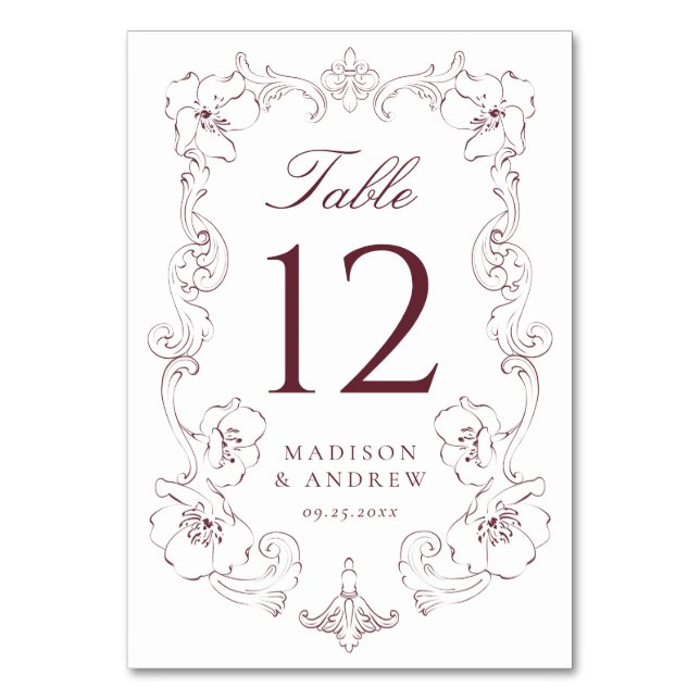 Numeração De Mesa Elegant Burgundy Ornate Floral Frame Wedding (Frente)