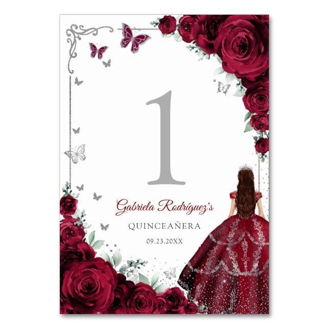 Numeração De Mesa Elegant Chic Burgundy Roses Silver Quinceanera (Frente)