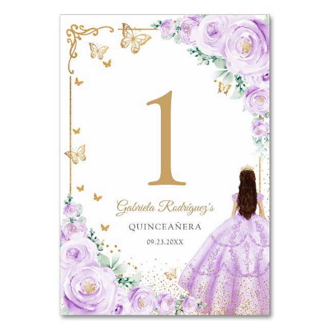 Numeração De Mesa Elegant Chic Lilac Purple Gold Quinceanera (Frente)