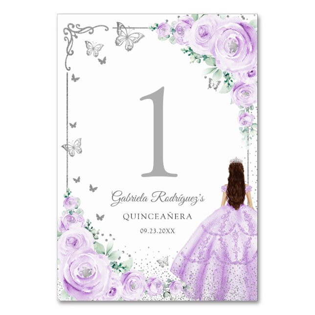 Numeração De Mesa Elegant Chic Lilac Purple Roses Silver Quinceanera (Frente)
