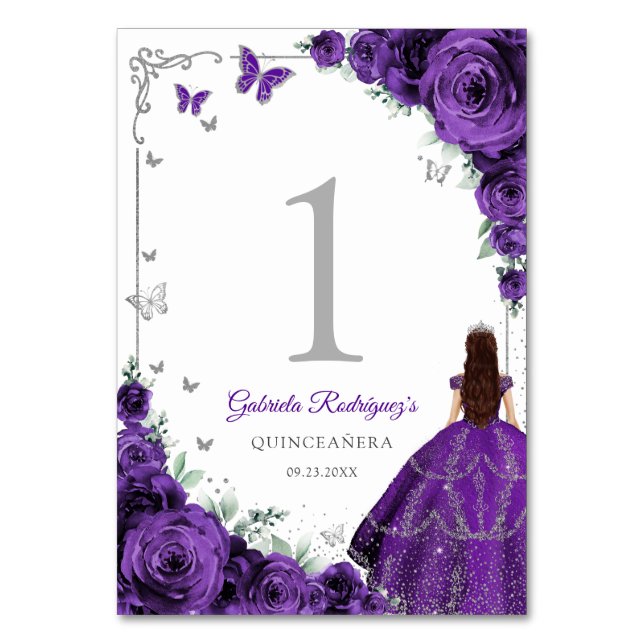 Numeração De Mesa Elegant Chic Purple Roses Silver Quinceanera (Frente)