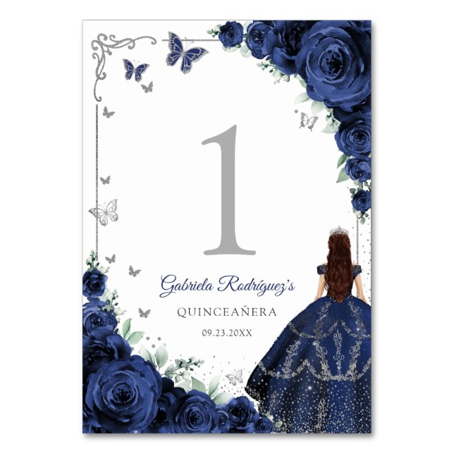 Numeração De Mesa Elegant Chic Royal Blue Roses Silver Quinceanera (Frente)