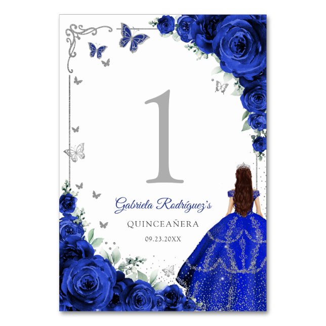 Numeração De Mesa Elegant Chic Royal Blue Roses Silver Quinceanera (Frente)