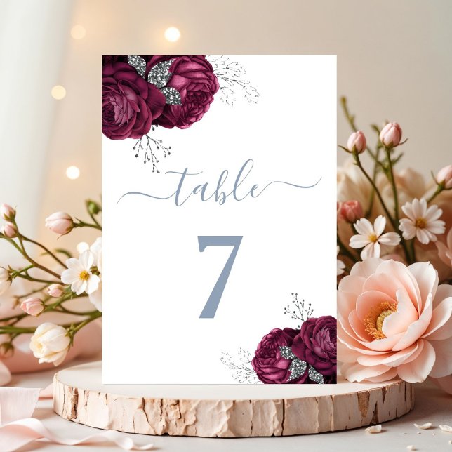 Numeração De Mesa Elegant Dusty Blue Burgundy Peonies (Elegant Dusty Blue Burgundy Peonies Table Number)