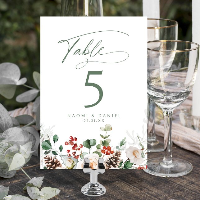 Numeração De Mesa Elegant Festive Floral Holiday Winter Wedding (Elegant Festive Floral Holiday Winter Wedding Table Number)
