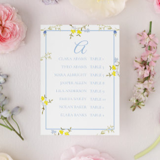 Numeração De Mesa Elegant Floral Blue & Yellow Wedding Seating Card