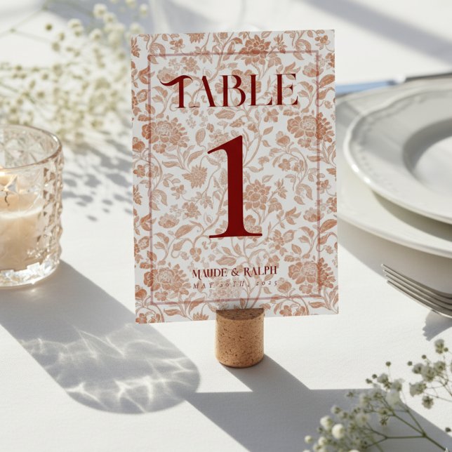Numeração De Mesa Elegant Floral Toile Script Red Wedding  (Guide guests to their seats using these Elegant Floral Toile Script Red Wedding Table Number! )