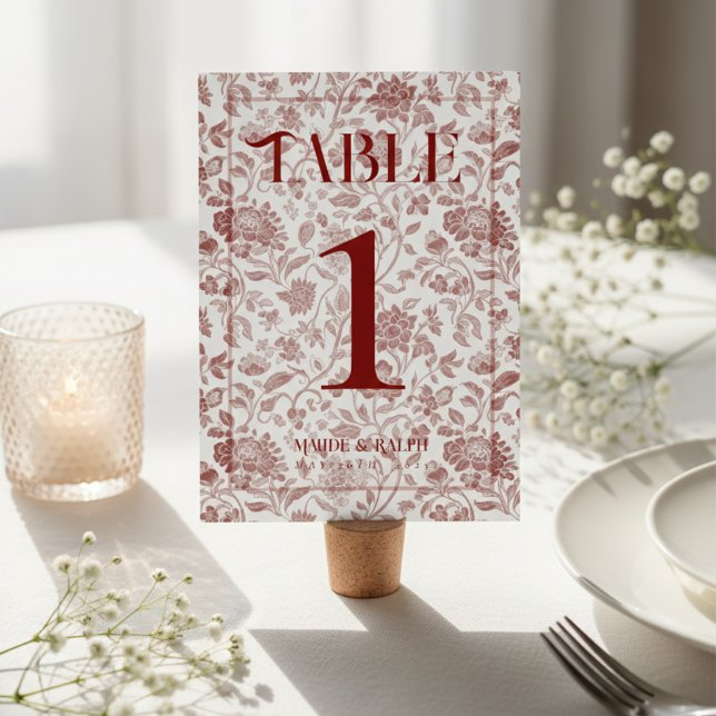 Numeração De Mesa Elegant Floral Toile Script Red Wedding  (Guide guests to their seats using these Elegant Floral Toile Script Red Wedding Table Number! )