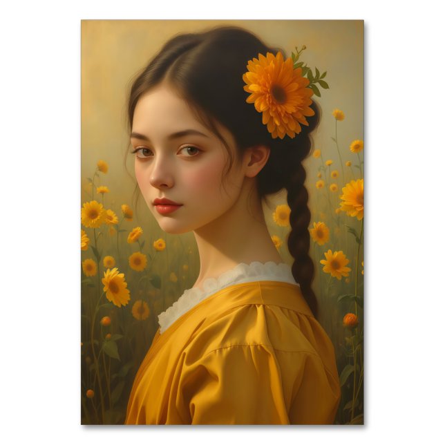 Numeração De Mesa Elegant Girl Portrait Among Sunflowers (Frente)