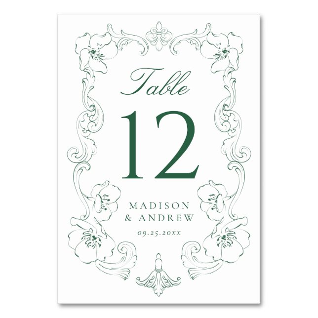 Numeração De Mesa Elegant Green Ornate Floral Frame Wedding (Frente)