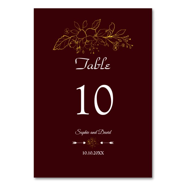 Numeração De Mesa Elegant Minimal Gold Floral Deep Burgundy Wedding (Frente)