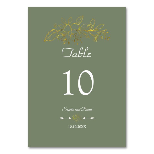 Numeração De Mesa Elegant Minimal Gold Floral Sage Green Wedding (Frente)