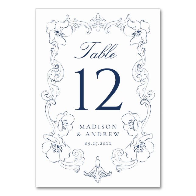 Numeração De Mesa Elegant Navy Ornate Floral Frame Wedding (Frente)