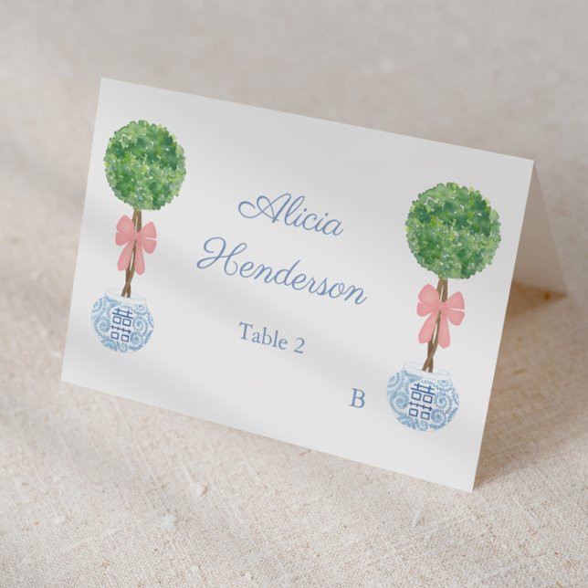 Numeração De Mesa Elegant Pink Bow Topiary Individual Place Card (Elegant place card design featuring watercolor boxwood topiary in a ginger jar planter and pink bow)