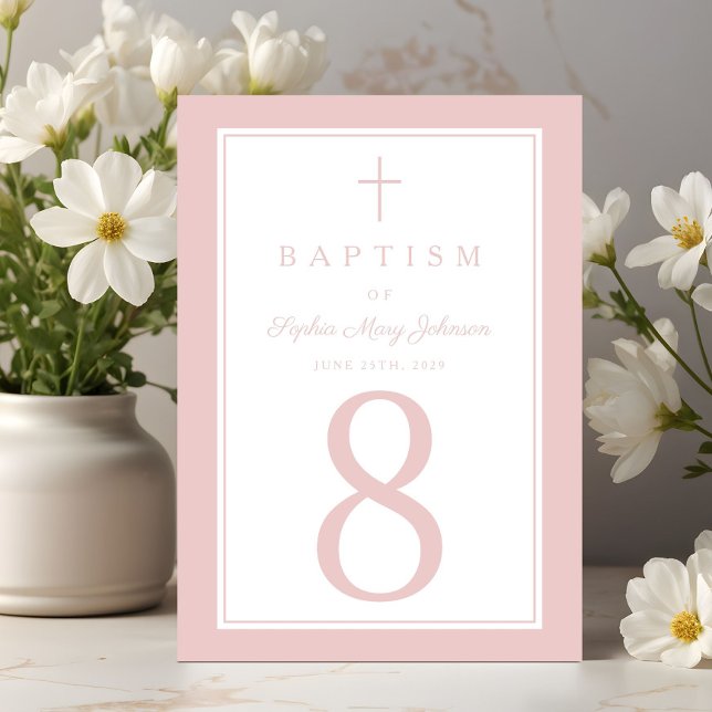 Numeração De Mesa Elegant Pink Religious Cross Girl Baptism (Elegant Pink Religious Cross Girl Baptism Table Number)