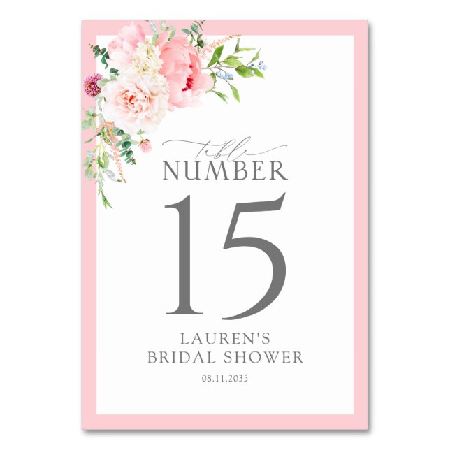 Numeração De Mesa Elegant Pink Watercolor Flowers Bridal Shower (Frente)