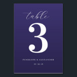 Numeração De Mesa Elegant Purple Number Table Sign<br><div class="desc">This elegant wedding table card features a minimalist design with a deep purple background and crisp white text. The layout centers around a large, bold serif number "3, " complemented by cursive script for the word "table" at the top and clean sans-serif fonts for customizable names and date below. The...</div>