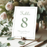 Numeração De Mesa Elegant Sage Green Recepção de casamento Janto for<br><div class="desc">Tabletop Tabletop Número de Tabletop sinal de festa de decoração design apresenta uma elegância clássica com o chic sage contemporâneo verde sobre um fundo branco clássico. Personalize a design de mesa de casamento com seu nome, data de casamento e número de tabela em letra de tendências e roteiro. A parte...</div>