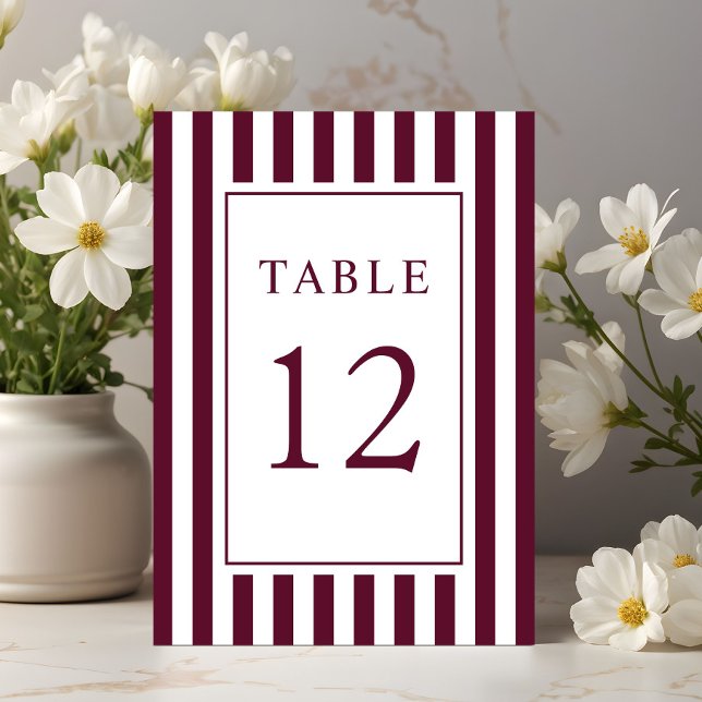 Numeração De Mesa  Elegant Striped Burgundy Wedding (Elegant Striped Burgundy Wedding Table Number)