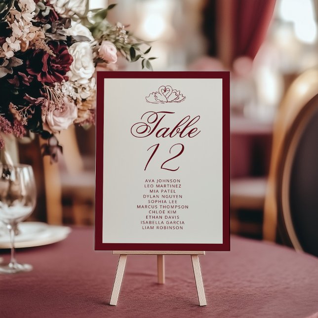 Numeração De Mesa Elegant Swan Deep red Table Seating Chart cards (Criador carregado)