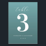 Numeração De Mesa Elegant Teal Number Three<br><div class="desc">This elegant wedding table card features a minimalist design with a calming teal background and crisp white text. The focal point is the large, bold numeral "3" centered on the card, surrounded by an assortment of fonts that add visual interest without cluttering the layout. Customizable placeholders for names and dates...</div>
