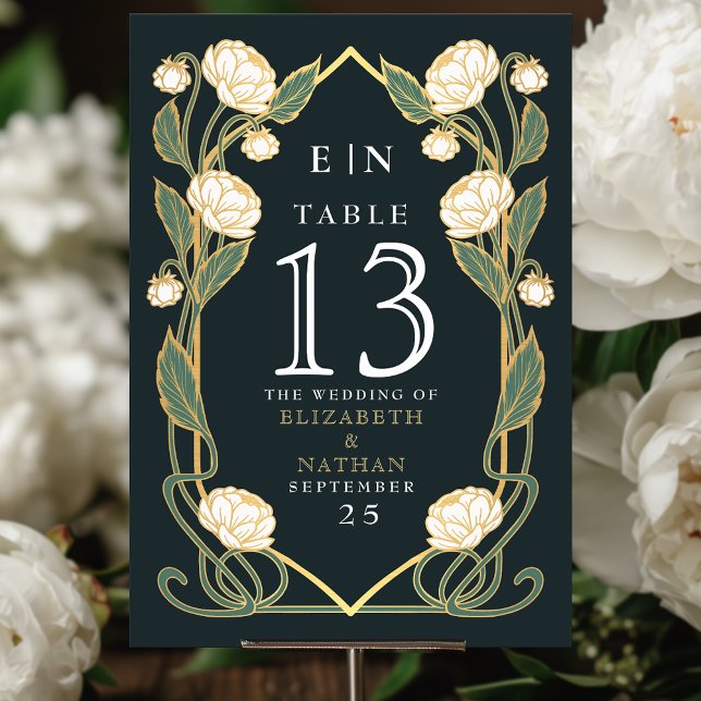 Numeração De Mesa Elegant White Peony Art Nouveau Floral Wedding (Criador carregado)