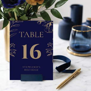 Numeração De Mesa Elegante Aniversário Floral Azul Marinho e Dourado