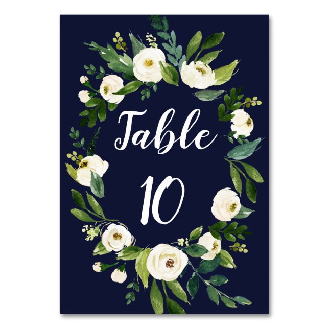 Numeração De Mesa Elegante Aquarela Branco Marinho Floral Azul (Verso)