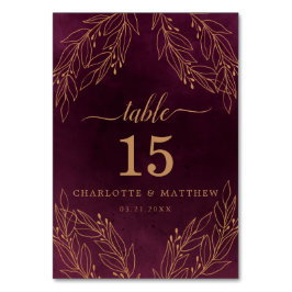 Numeração De Mesa Elegante Borgonha e Dourado Casamento Botânico