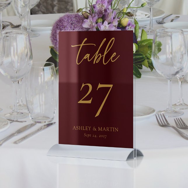 Numeração De Mesa Elegante Burgundy com Casamento Personalizado Dour (Elegant Burgundy with Gold Personalized Wedding Table Number)