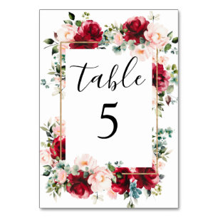 Numeração De Mesa Elegante Casamento em Aquarela Burgundy e Rosa Pês